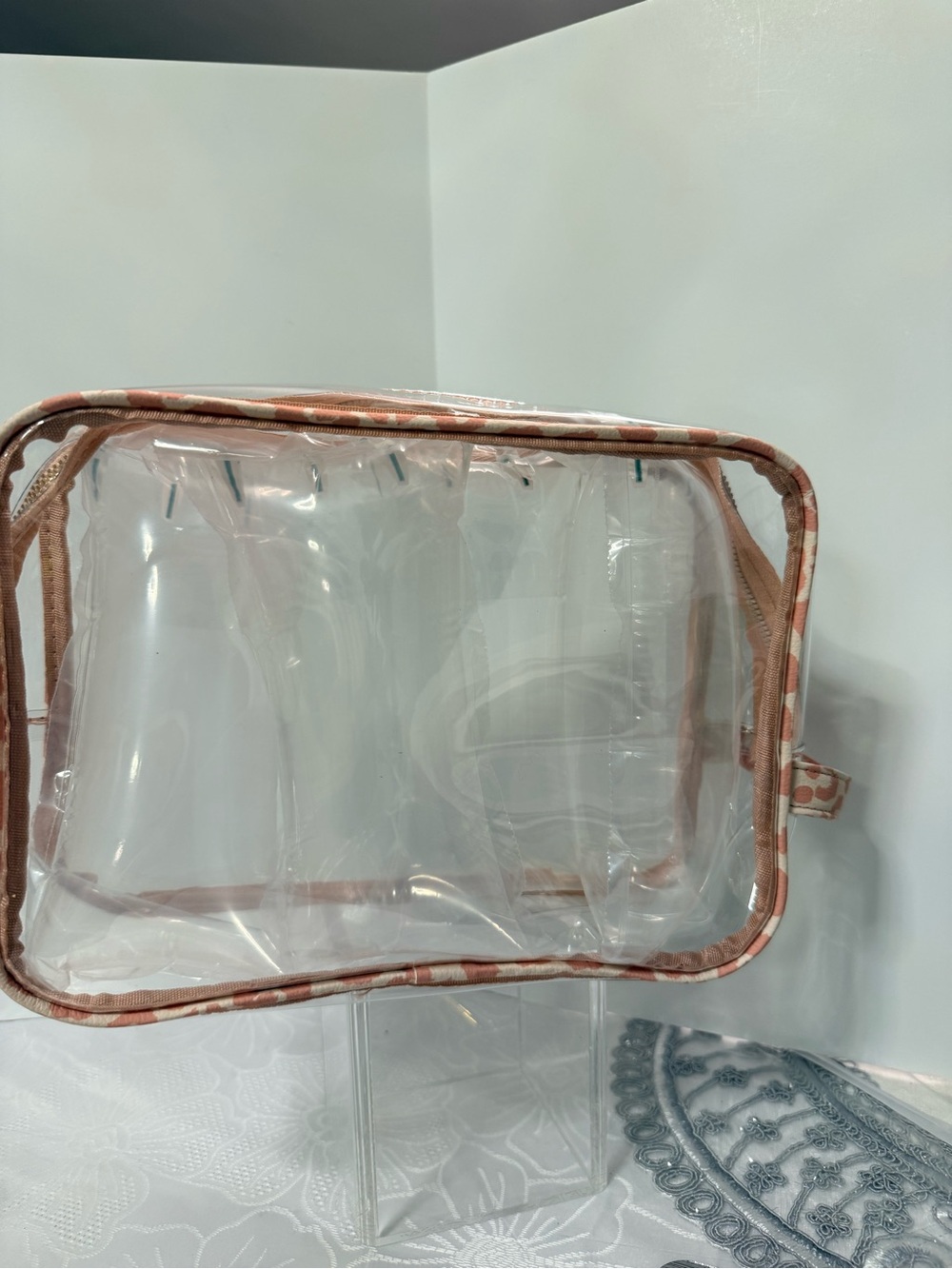 Clear PVC Cosmetic Travel Pouch with Pink Patterned Trim